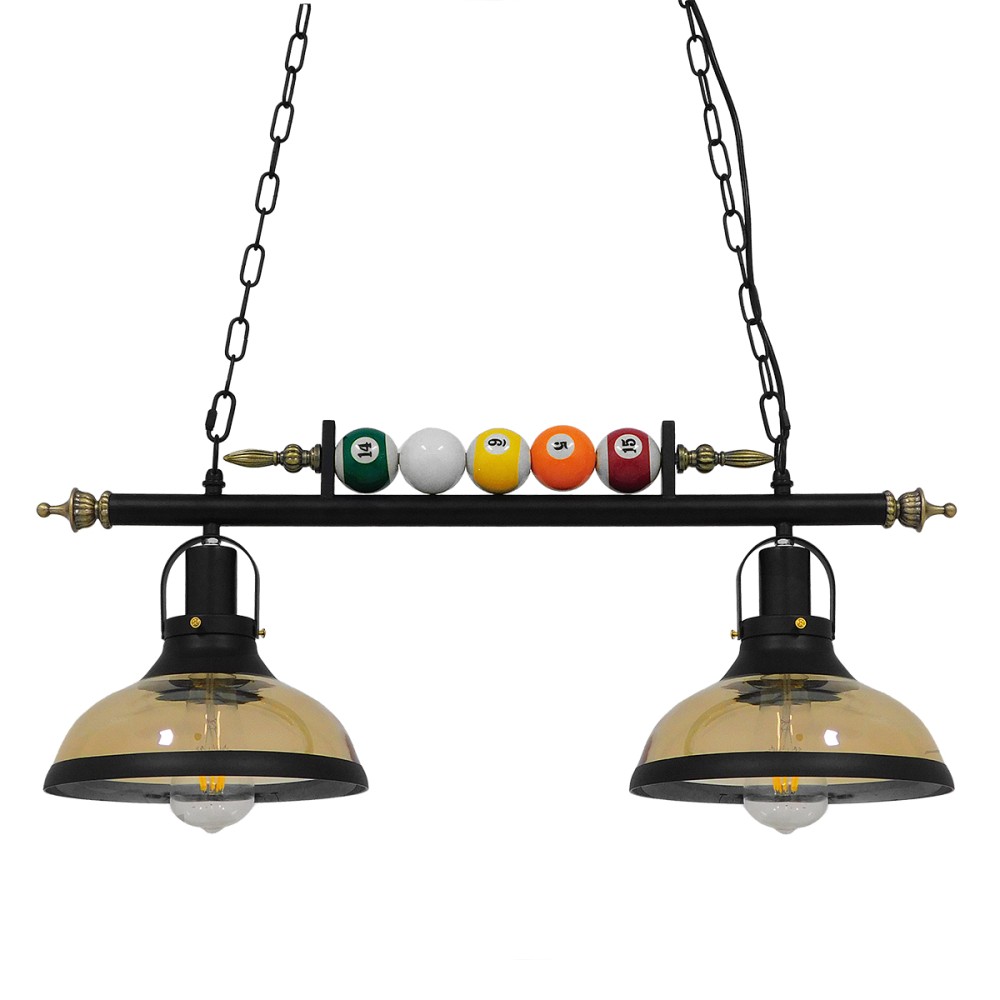 GloboStar® BILLIARD 00972 Vintage Κρεμαστό Φωτιστικό Καμπάνα Δίφωτο 2 x E27 IP20 Mαύρο Μέταλλο με Μελί Γυαλί - Μ71 x Π25 x Υ30cm