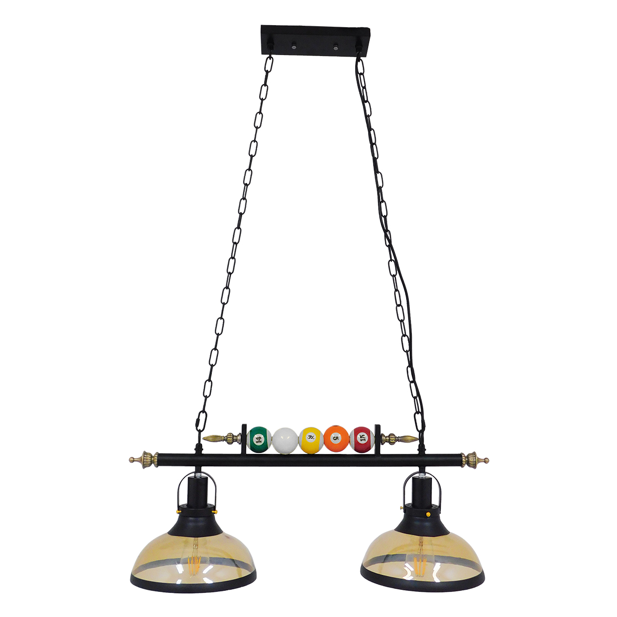 GloboStar® BILLIARD 00972 Vintage Κρεμαστό Φωτιστικό Καμπάνα Δίφωτο 2 x E27 IP20 Mαύρο Μέταλλο με Μελί Γυαλί - Μ71 x Π25 x Υ30cm