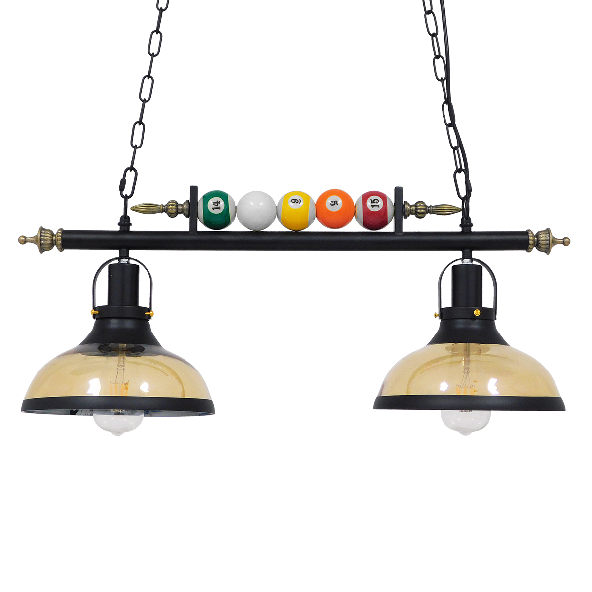 GloboStar® BILLIARD 00972 Vintage Κρεμαστό Φωτιστικό Καμπάνα Δίφωτο 2 x E27 IP20 Mαύρο Μέταλλο με Μελί Γυαλί - Μ71 x Π25 x Υ30cm