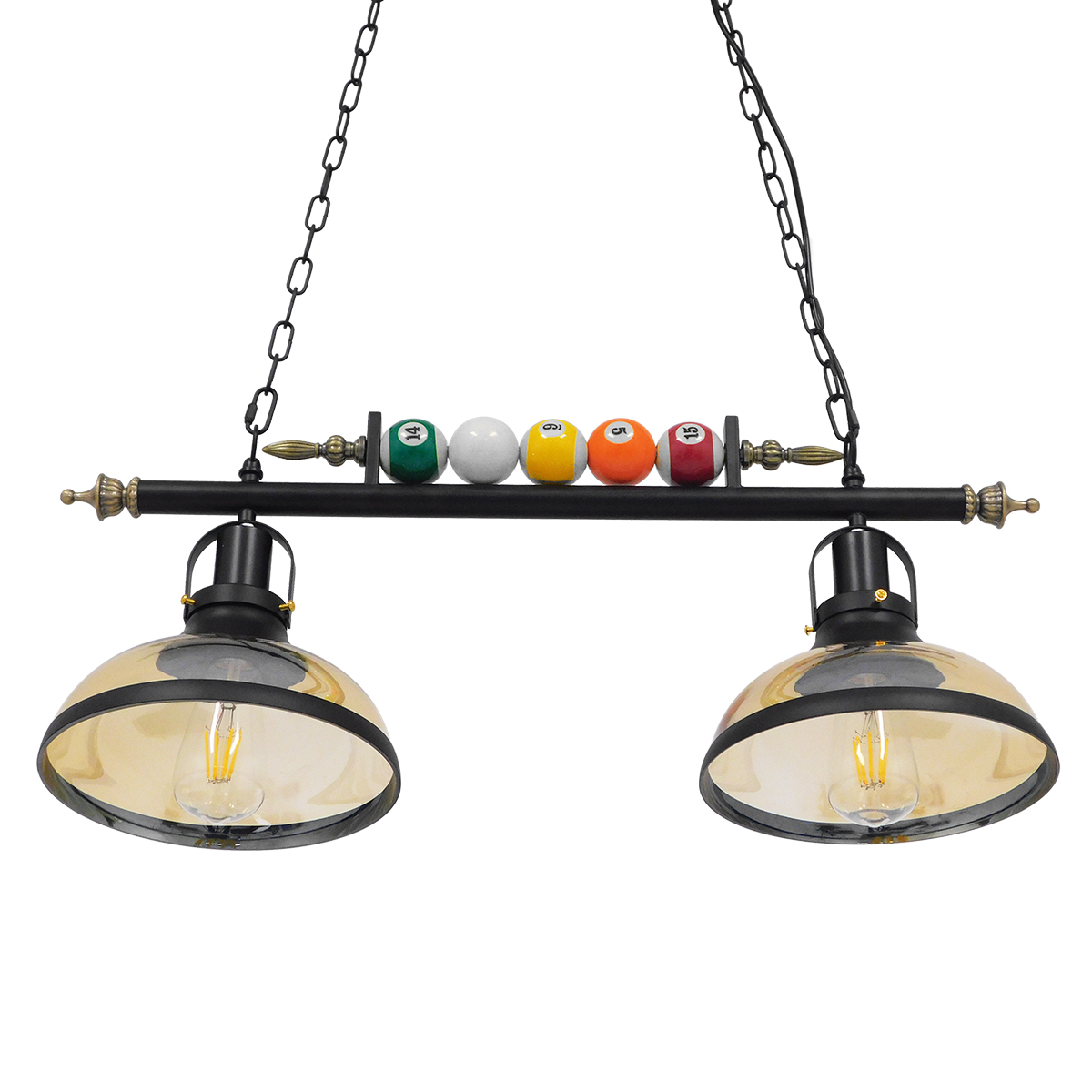 GloboStar® BILLIARD 00972 Vintage Κρεμαστό Φωτιστικό Καμπάνα Δίφωτο 2 x E27 IP20 Mαύρο Μέταλλο με Μελί Γυαλί - Μ71 x Π25 x Υ30cm