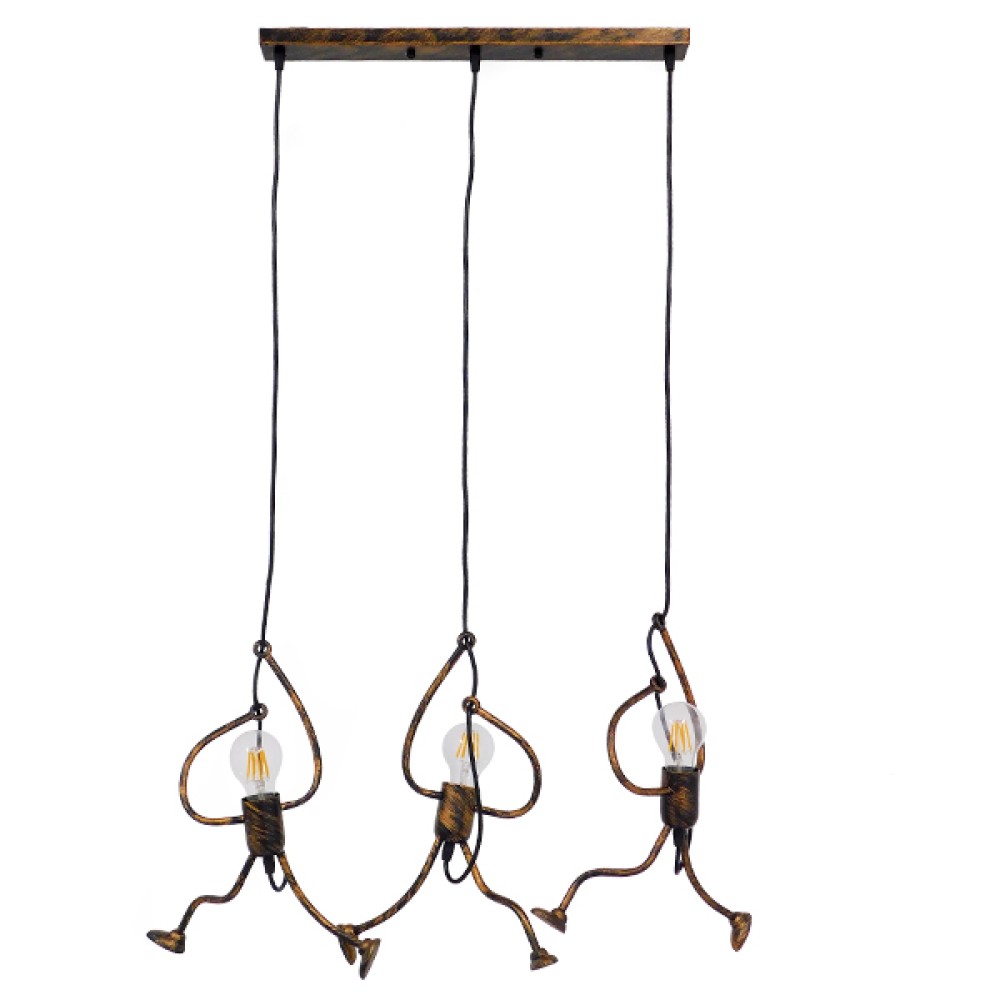 GloboStar® LITTLE MAN 00979 Μοντέρνο Κρεμαστό Φωτιστικό Φιγούρα Τρίφωτο 3 x E27 IP20 Χάλκινο Μέταλλο - Μ70 x Π10 x Υ105cm