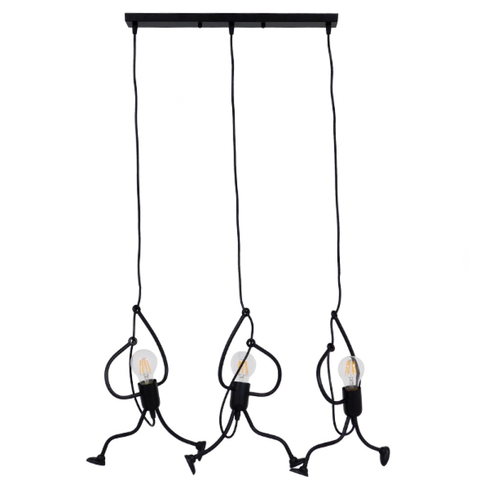 GloboStar® LITTLE MAN 00980 Μοντέρνο Κρεμαστό Φωτιστικό Φιγούρα Τρίφωτο 3 x E27 IP20 Μαύρο Μέταλλο - Μ70 x Π10 x Υ105cm