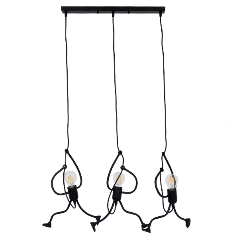 GloboStar® LITTLE MAN 00980 Μοντέρνο Κρεμαστό Φωτιστικό Φιγούρα Τρίφωτο 3 x E27 IP20 Μαύρο Μέταλλο - Μ70 x Π10 x Υ105cm