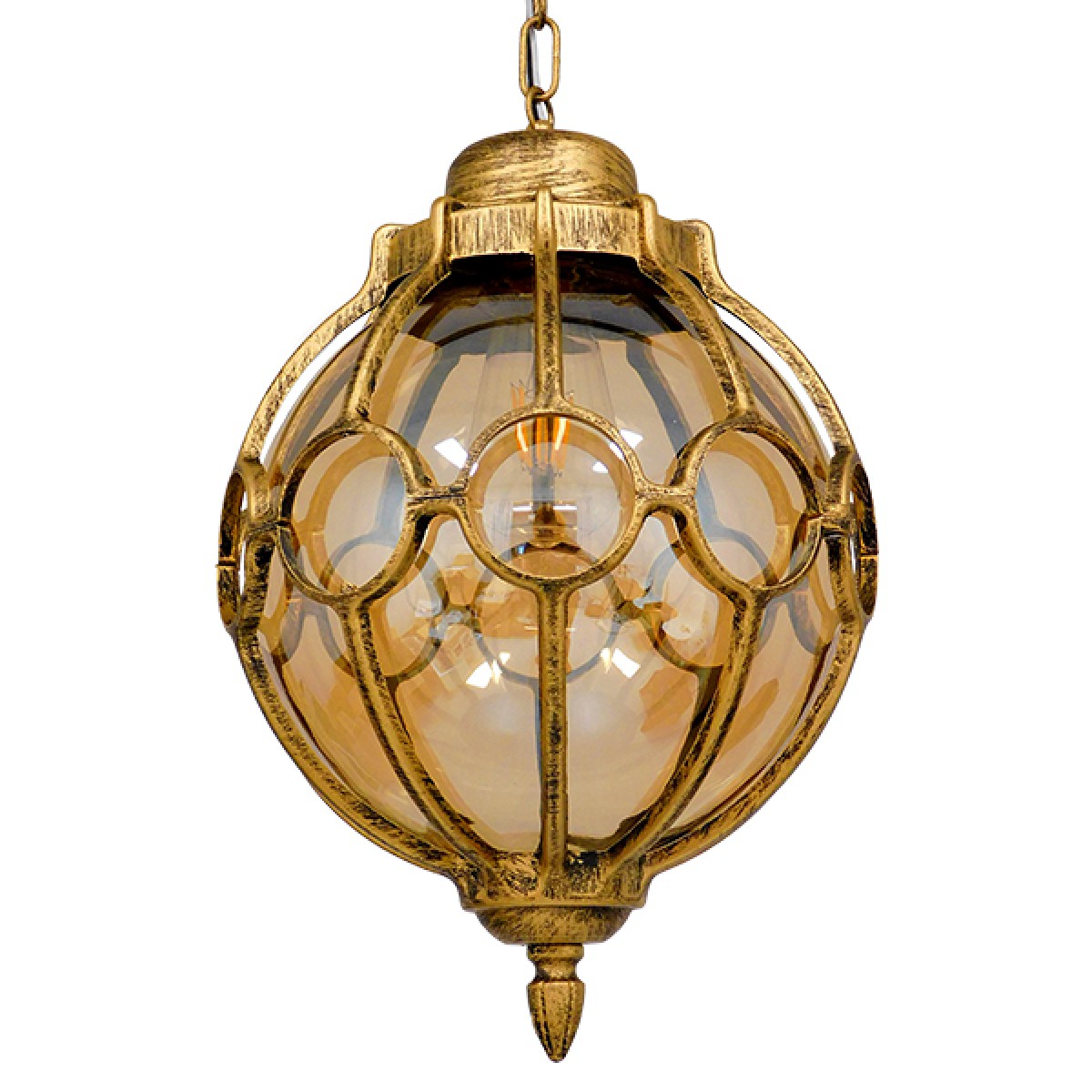 GloboStar® ETOILE 00987 Vintage Κρεμαστό Φωτιστικό Μπάλα Μονόφωτο 1 x E27 IP20 Μπρούτζινο & Χρυσό Μέταλλο με Μελί Γυαλί - Μ28 x Π28 x Y38cm