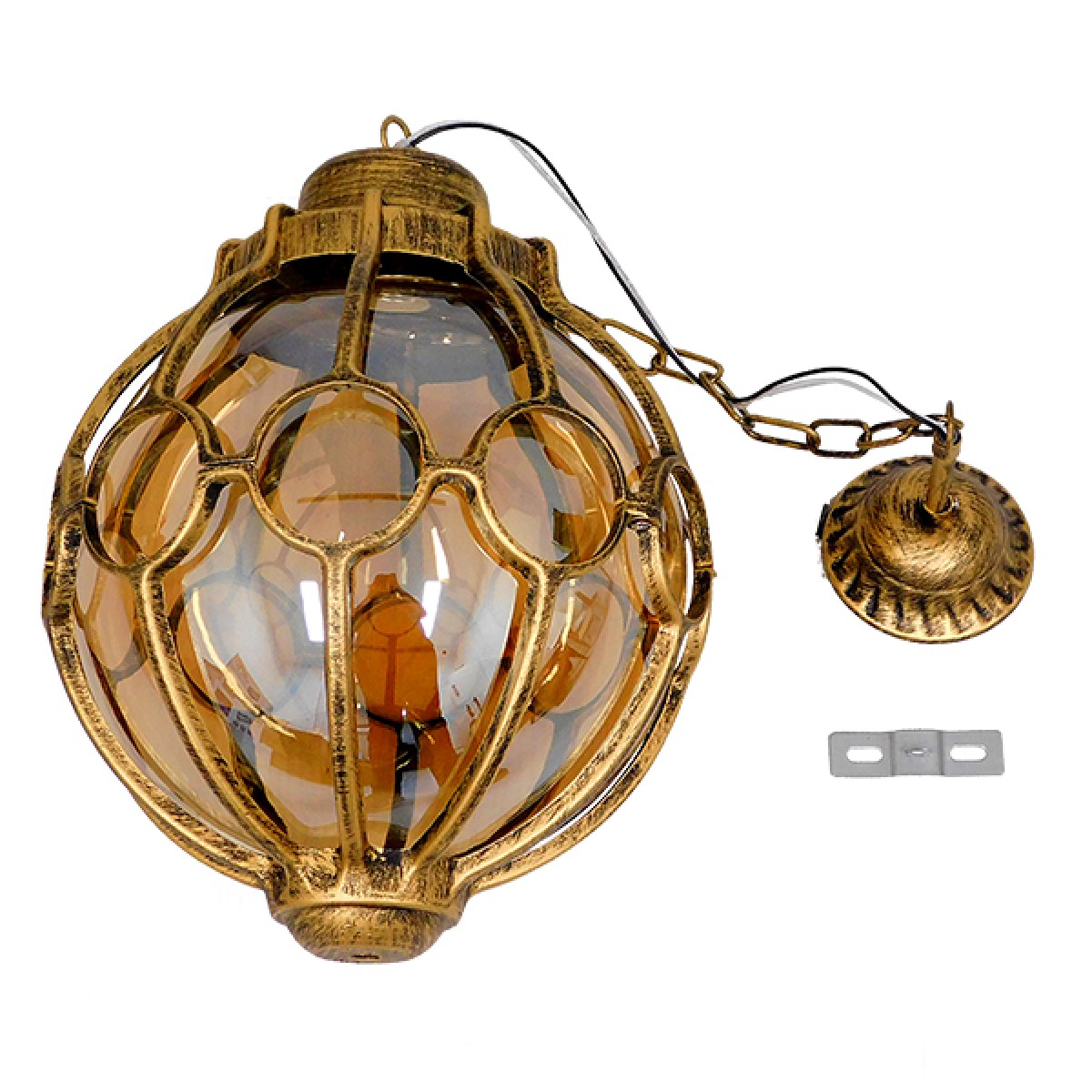 GloboStar® ETOILE 00987 Vintage Κρεμαστό Φωτιστικό Μπάλα Μονόφωτο 1 x E27 IP20 Μπρούτζινο & Χρυσό Μέταλλο με Μελί Γυαλί - Μ28 x Π28 x Y38cm