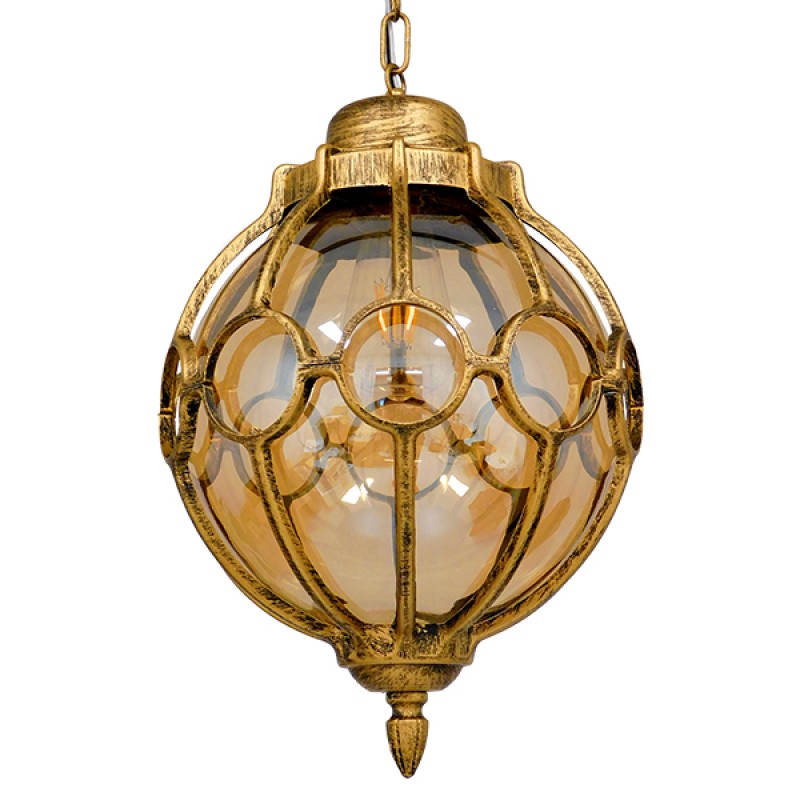 GloboStar® ETOILE 00987 Vintage Κρεμαστό Φωτιστικό Μπάλα Μονόφωτο 1 x E27 IP20 Μπρούτζινο & Χρυσό Μέταλλο με Μελί Γυαλί - Μ28 x Π28 x Y38cm