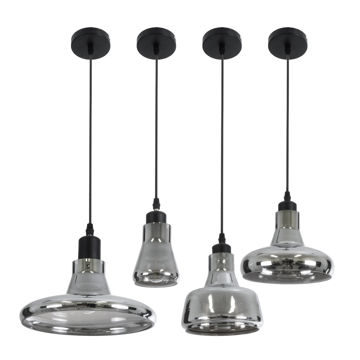 GloboStar® FEMINE 01011 Μοντέρνο Κρεμαστό Φωτιστικό Καμπάνα Σετ Πολύφωτο 4 x E27 IP20 Διάφανο Γυαλί με Μαύρο Μέταλλο - Μ70 x Π70 x Y24.5cm