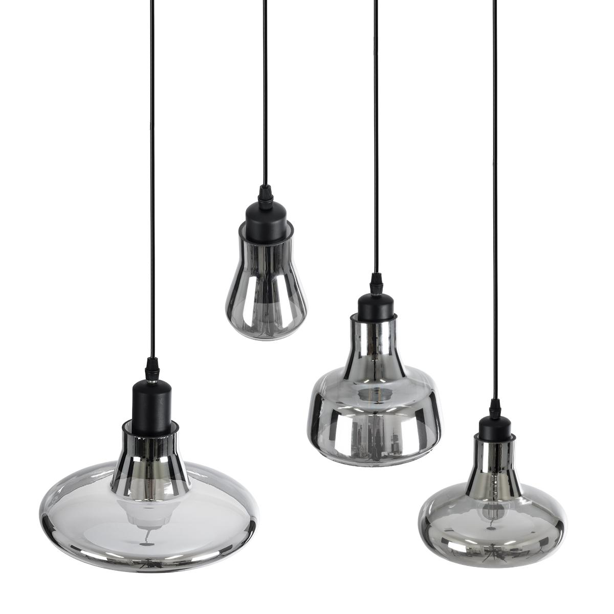 GloboStar® FEMINE 01011 Μοντέρνο Κρεμαστό Φωτιστικό Καμπάνα Σετ Πολύφωτο 4 x E27 IP20 Διάφανο Γυαλί με Μαύρο Μέταλλο - Μ70 x Π70 x Y24.5cm