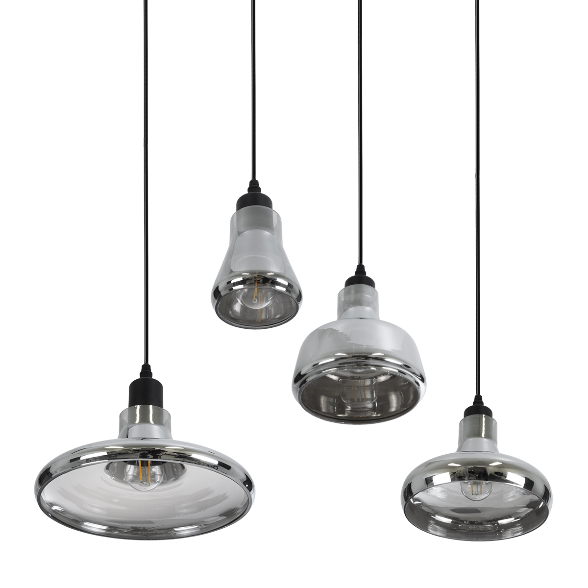 GloboStar® FEMINE 01011 Μοντέρνο Κρεμαστό Φωτιστικό Καμπάνα Σετ Πολύφωτο 4 x E27 IP20 Διάφανο Γυαλί με Μαύρο Μέταλλο - Μ70 x Π70 x Y24.5cm