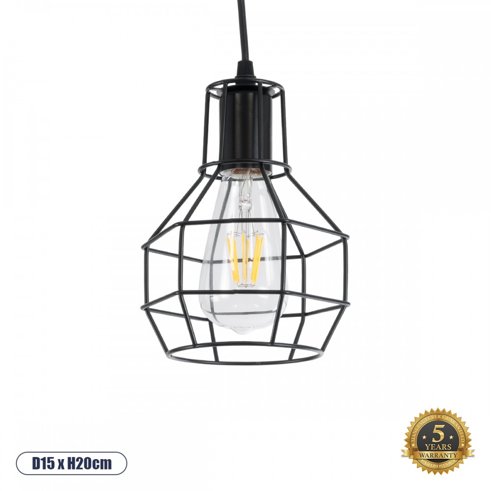 GLOBOSTAR® CAGE 01017 Vintage Κρεμαστό Φωτιστικό Οροφής με Ντουί 3 x E27 AC 220-240V IP20 - Μαύρο - Μ15 x Π15 x Υ20cm