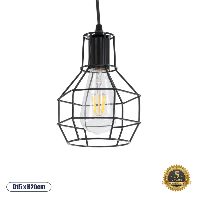 GLOBOSTAR® CAGE 01017 Vintage Κρεμαστό Φωτιστικό Οροφής με Ντουί 3 x E27 AC 220-240V IP20 - Μαύρο - Μ15 x Π15 x Υ20cm