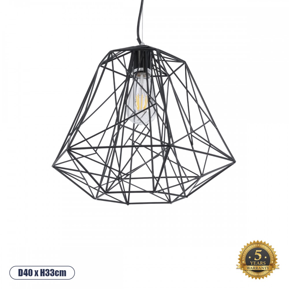 GLOBOSTAR® GRID 01022 Vintage Κρεμαστό Φωτιστικό Οροφής με Ντουί 1 x E27 AC 220-240V IP20 - Μαύρο - Μ40 x Π40 x Υ33cm