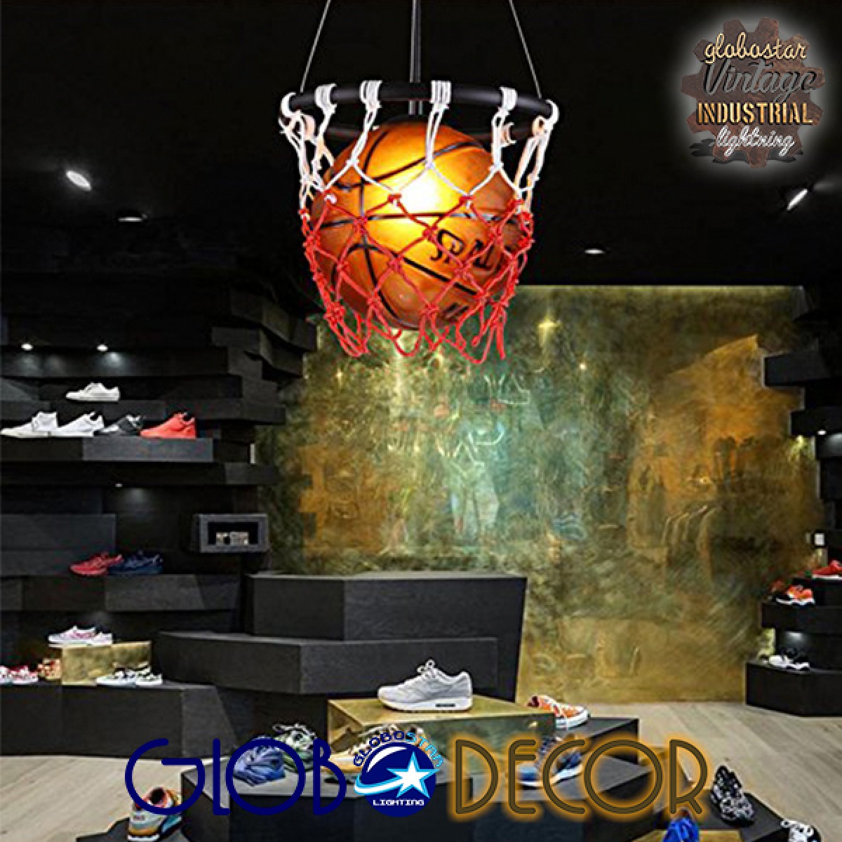 GloboStar® NBA 01027 Μοντέρνο Κρεμαστό Φωτιστικό Μπάλα Μονόφωτο 1 x E27 IP20 Πορτοκαλί & Μαύρο Μέταλλο - Μ32 x Π32 x Υ58cm