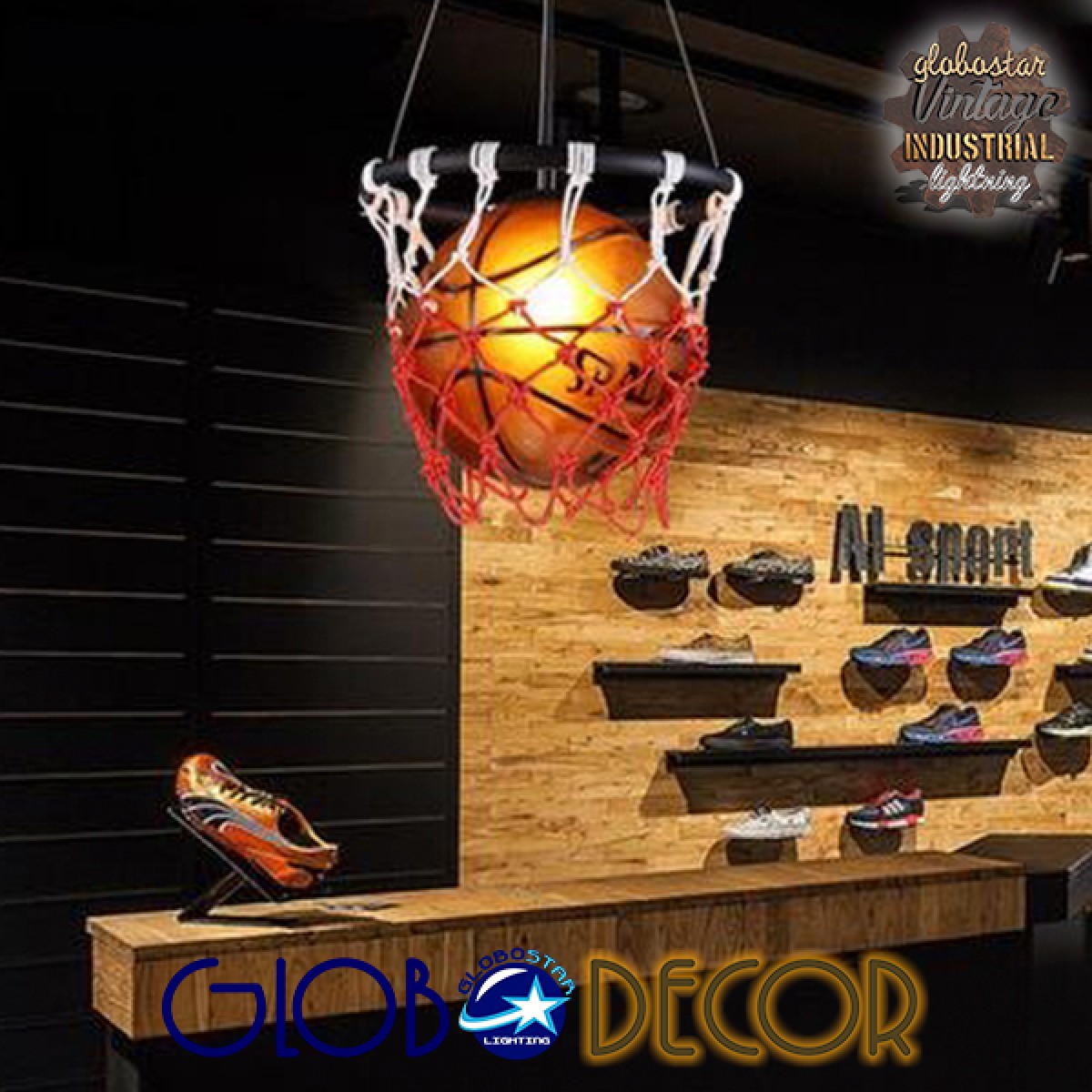 GloboStar® NBA 01027 Μοντέρνο Κρεμαστό Φωτιστικό Μπάλα Μονόφωτο 1 x E27 IP20 Πορτοκαλί & Μαύρο Μέταλλο - Μ32 x Π32 x Υ58cm