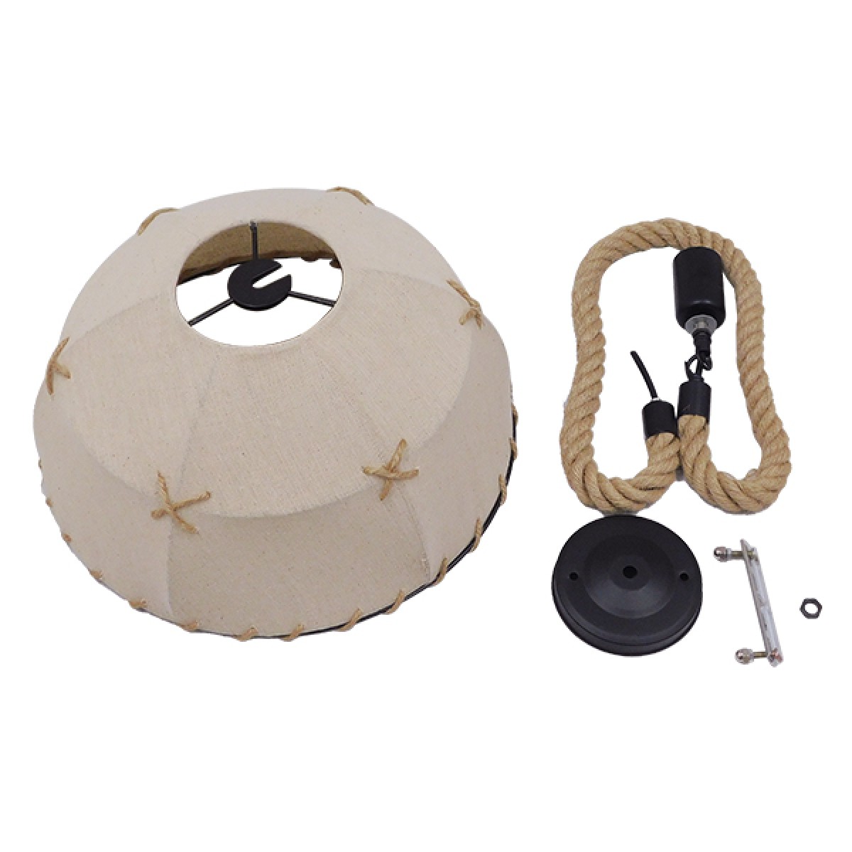 GloboStar® ANTOINETTE 01028 Vintage Κρεμαστό Φωτιστικό Καμπάνα Μονόφωτο 1 x E27 IP20 Μπεζ Σχοινί με Μπεζ Ύφασμα - Μ35 x Π35 x Υ20cm
