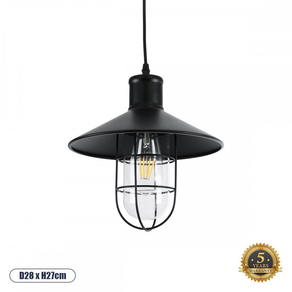 GloboStar® SKIPPER 01034 Vintage Κρεμαστό Φωτιστικό Καμπάνα Μονόφωτο 1 x E27 IP20 Μαύρο Μέταλλο - Μ28 x Π28 x Υ27cm