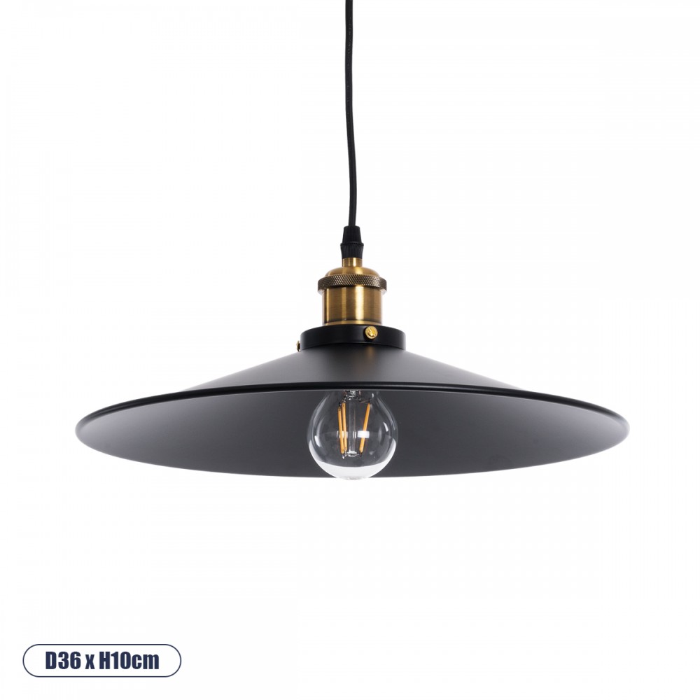 GloboStar® CARAVEL 01042 Vintage Κρεμαστό Φωτιστικό Καμπάνα Μονόφωτο 1 x E27 IP20 Μαύρο & Χρυσό Μέταλλο - Μ36 x Π36 x Υ10cm
