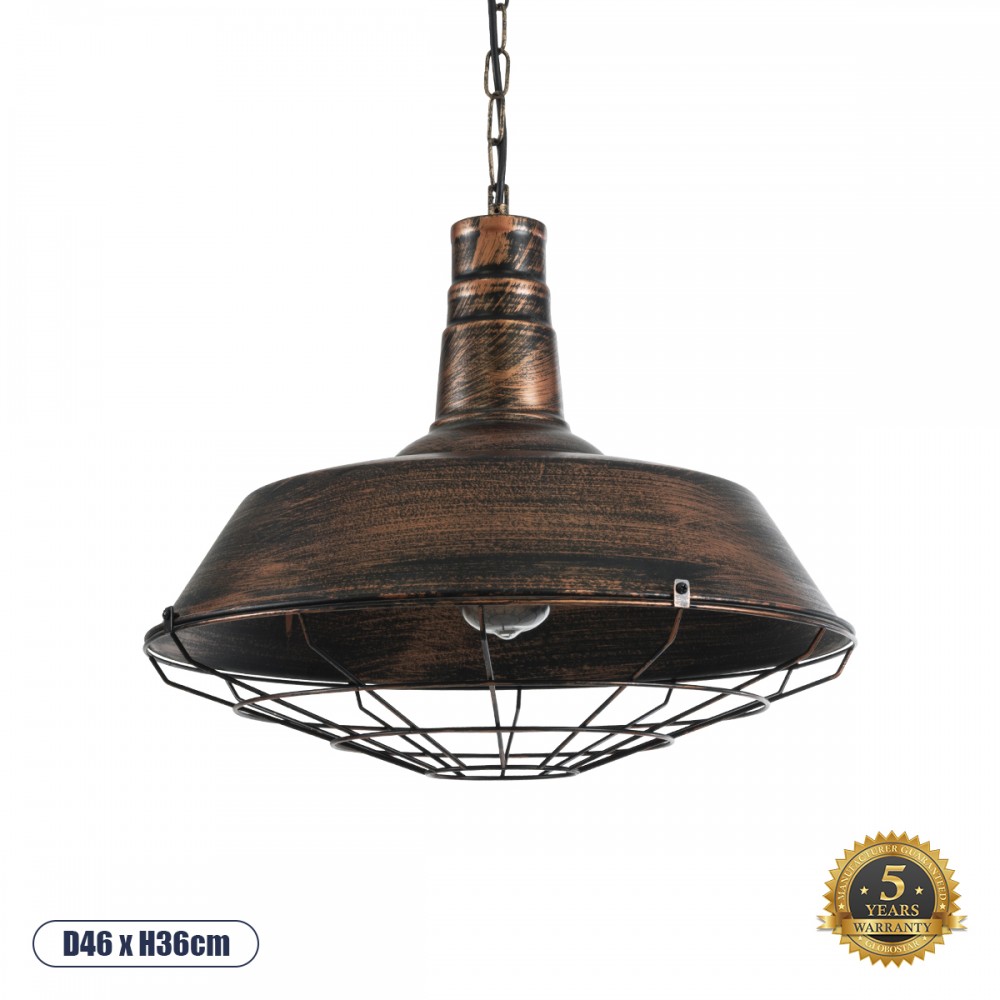 GloboStar® BARN 01045 Vintage Κρεμαστό Φωτιστικό Καμπάνα Μονόφωτο 1 x E27 IP20 Χάλκινο Μέταλλο - Μ46 x Π46 x Υ36cm