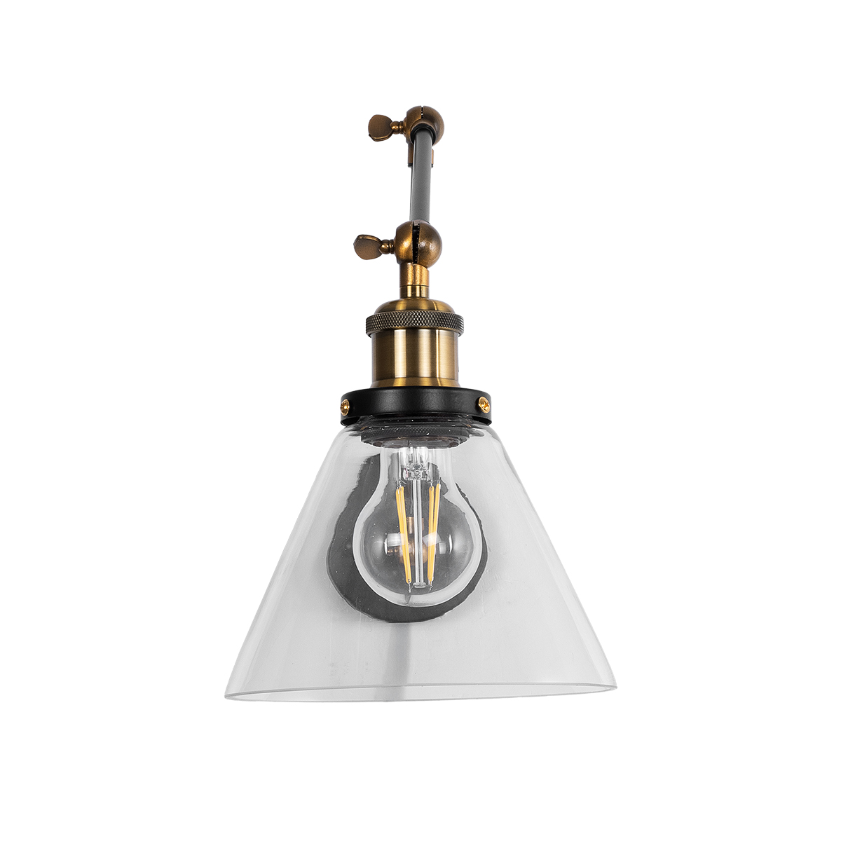 GloboStar® OLIVIA 01068 Vintage Επιτοίχιο Φωτιστικό Απλίκα Μονόφωτο 1 x E27 IP20 Μαύρο & Χρυσό Μέταλλο με Διάφανο Γυαλί - Μ18 x Π40 x Υ43cm