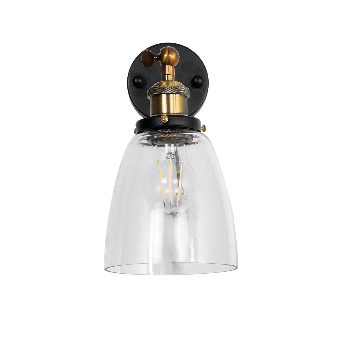 GloboStar® LYDIA 01071 Vintage Επιτοίχιο Φωτιστικό Απλίκα Μονόφωτο 1 x E27 IP20 Μαύρο & Χρυσό Μέταλλο με Διάφανο Γυαλί - Μ14 x Π26 x Υ30cm