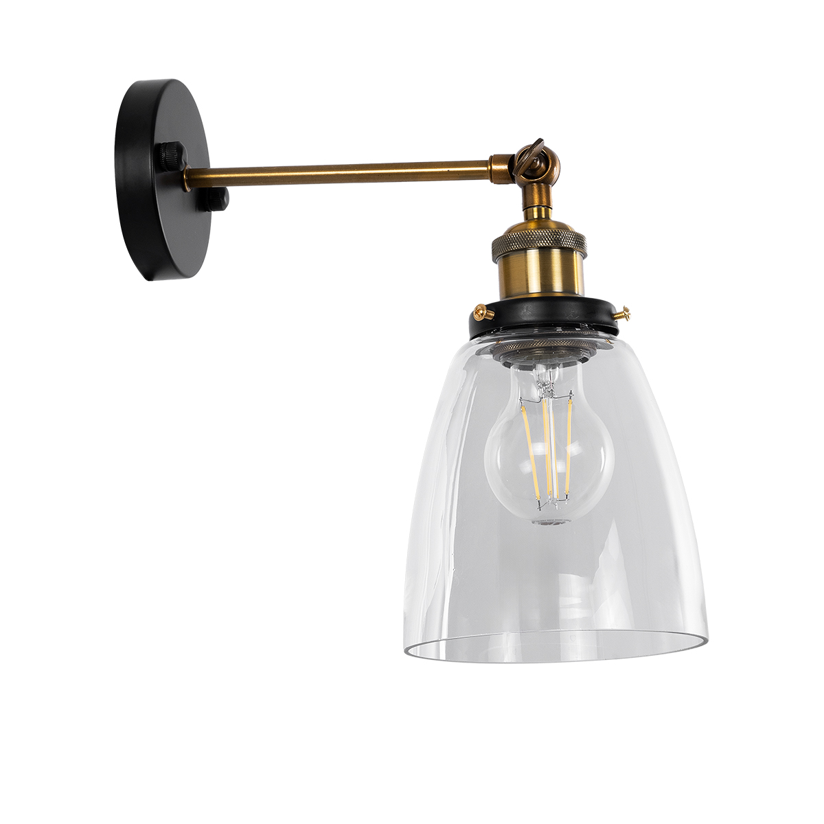 GloboStar® LYDIA 01071 Vintage Επιτοίχιο Φωτιστικό Απλίκα Μονόφωτο 1 x E27 IP20 Μαύρο & Χρυσό Μέταλλο με Διάφανο Γυαλί - Μ14 x Π26 x Υ30cm