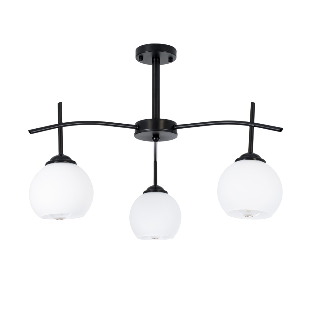 GloboStar® LUNA 01087 Μοντέρνο Φωτιστικό Οροφής Καμπάνα Τριφωτο 3 x E27 IP20 Μαύρο Μέταλλο με Λευκό Γυαλί - Μ45 x Π45 x Υ40cm