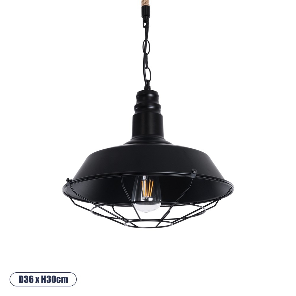 GloboStar® CRANE 01109 Vintage Κρεμαστό Φωτιστικό Καμπάνα Μονόφωτο 1 x E27 IP20 Μαύρο Μέταλλο με Μπεζ Σχοινί - Μ36 x Π36 x Υ30cm
