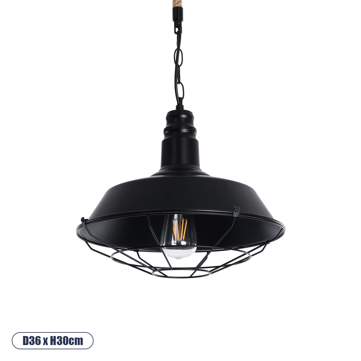 GloboStar® CRANE 01109 Vintage Κρεμαστό Φωτιστικό Καμπάνα Μονόφωτο 1 x E27 IP20 Μαύρο Μέταλλο με Μπεζ Σχοινί - Μ36 x Π36 x Υ30cm