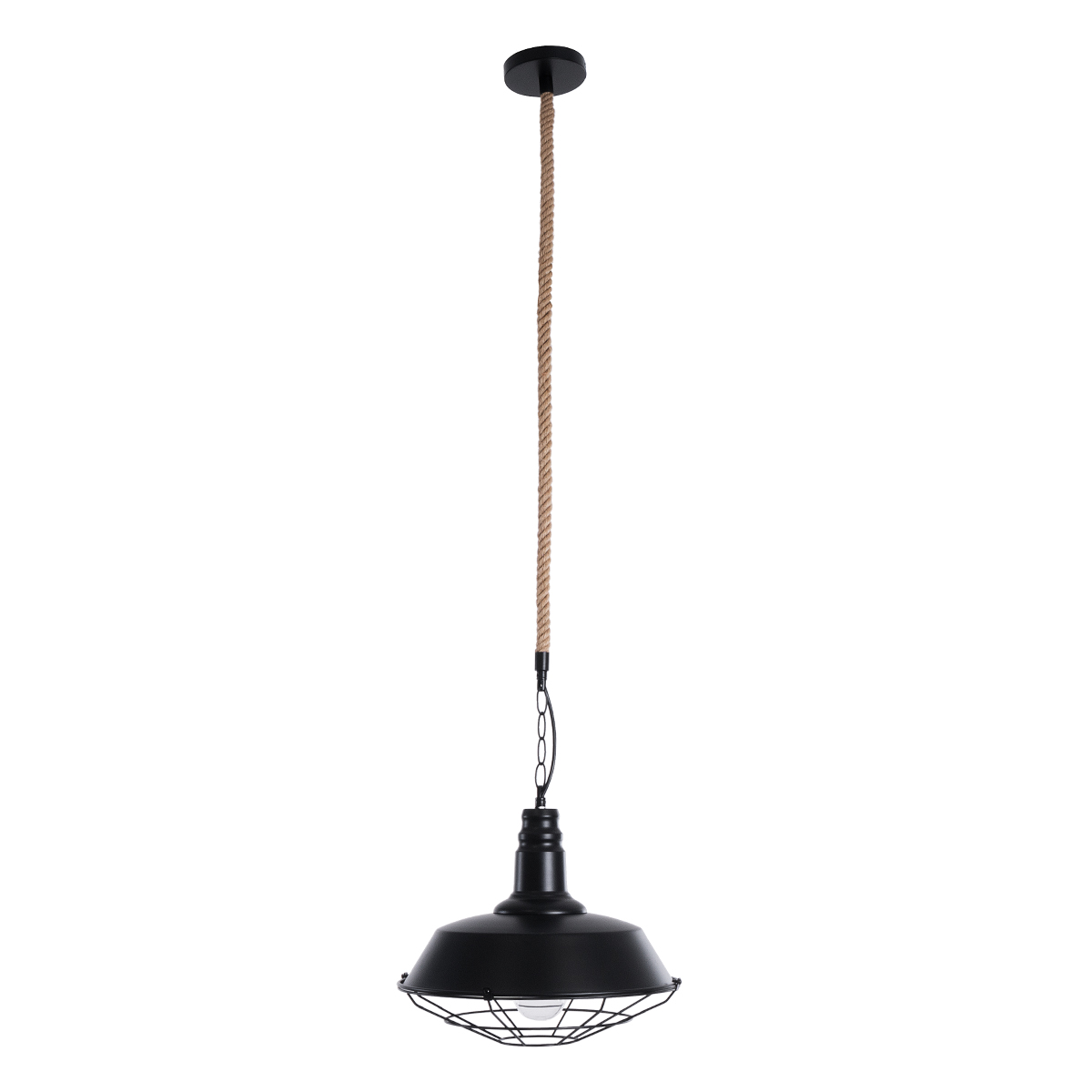 GloboStar® CRANE 01109 Vintage Κρεμαστό Φωτιστικό Καμπάνα Μονόφωτο 1 x E27 IP20 Μαύρο Μέταλλο με Μπεζ Σχοινί - Μ36 x Π36 x Υ30cm