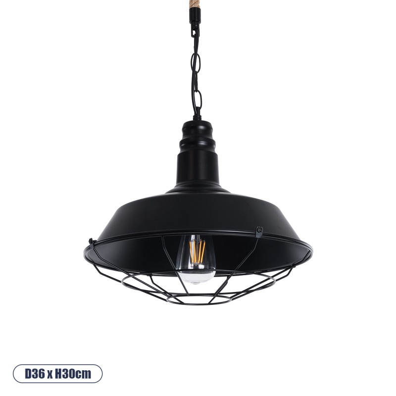 GloboStar® CRANE 01109 Vintage Κρεμαστό Φωτιστικό Καμπάνα Μονόφωτο 1 x E27 IP20 Μαύρο Μέταλλο με Μπεζ Σχοινί - Μ36 x Π36 x Υ30cm