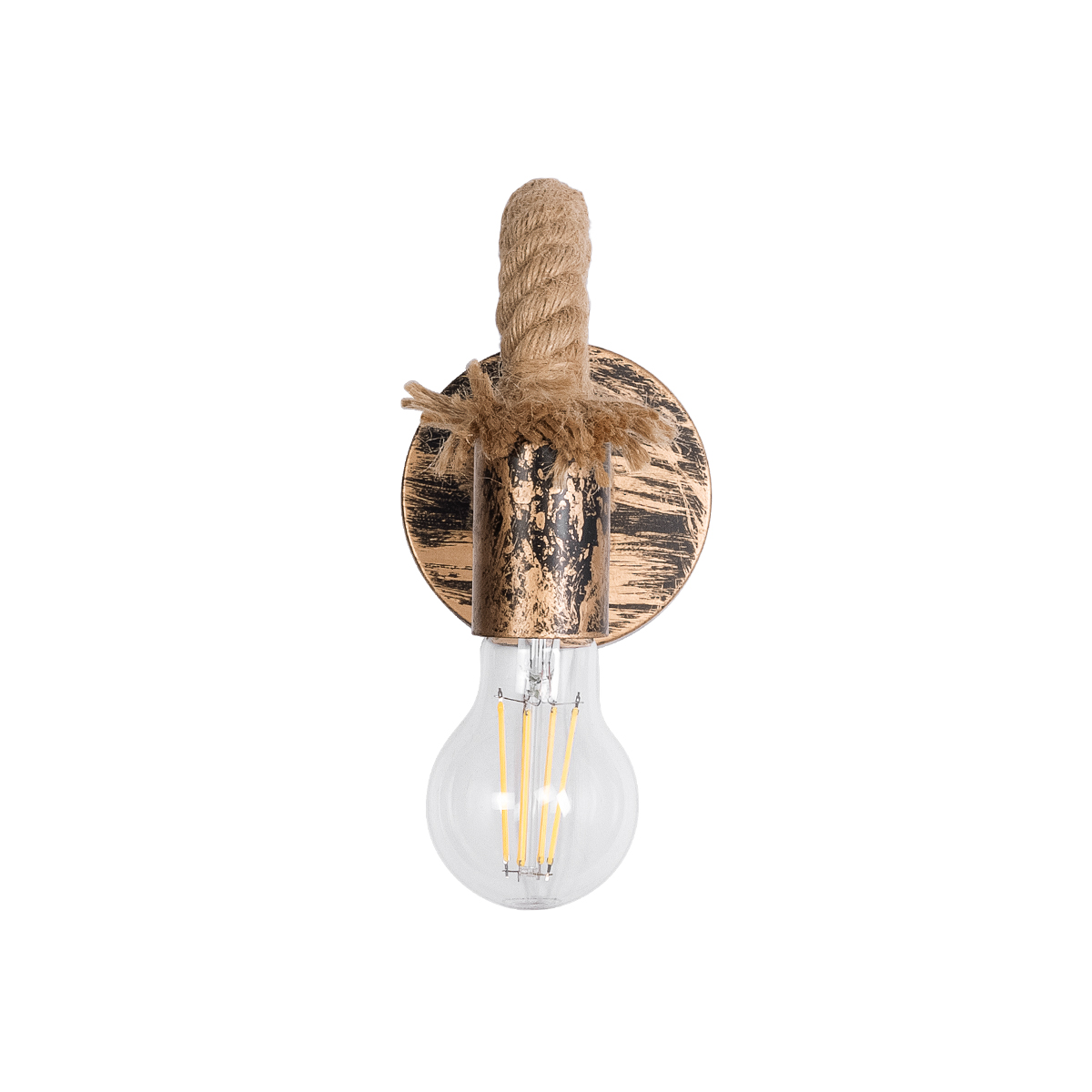 GloboStar® SADON 01126 Vintage Επιτοίχιο Φωτιστικό Απλίκα Μονόφωτο 1 x E27 IP20 Χάλκινο Μέταλλο με Μπεζ Σχοινί - Μ10 x Π22 x Υ15cm