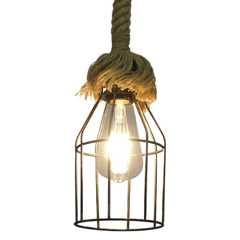 GloboStar® LAICO 01129 Vintage Κρεμαστό Φωτιστικό Πλέγμα Μονόφωτο 1 x E27 IP20 Μπρούτζινο Μέταλλο με Μπεζ Σχοινί - Μ12 x Π12 x Υ100cm