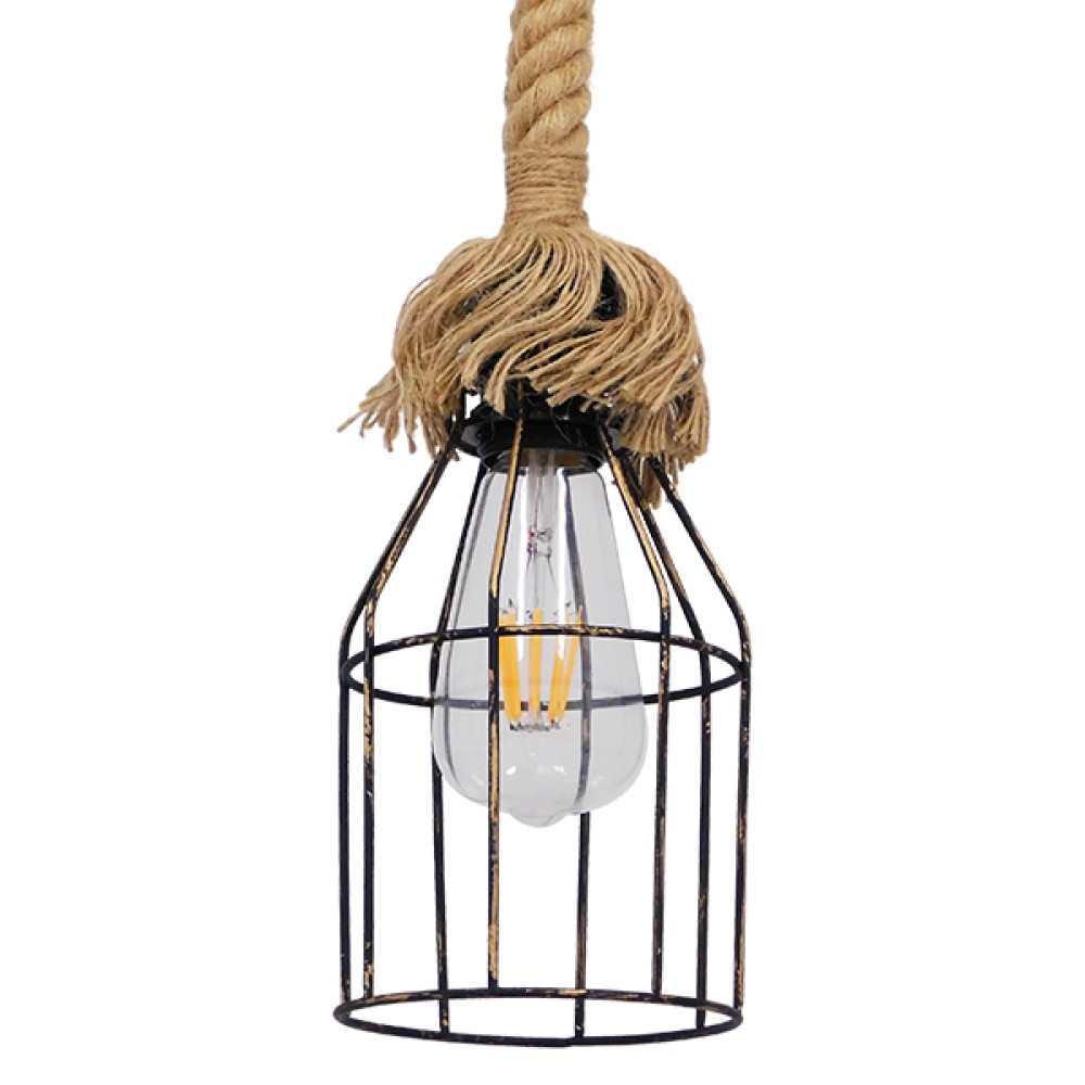 GloboStar® LAICO 01129 Vintage Κρεμαστό Φωτιστικό Πλέγμα Μονόφωτο 1 x E27 IP20 Μπρούτζινο Μέταλλο με Μπεζ Σχοινί - Μ12 x Π12 x Υ100cm