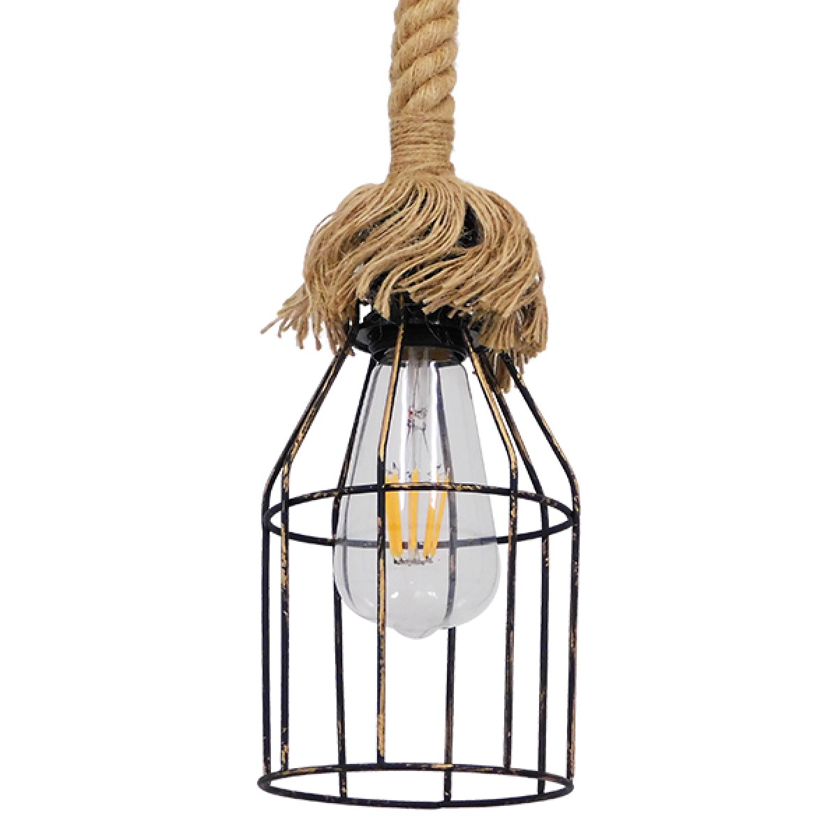 GloboStar® LAICO 01129 Vintage Κρεμαστό Φωτιστικό Πλέγμα Μονόφωτο 1 x E27 IP20 Μπρούτζινο Μέταλλο με Μπεζ Σχοινί - Μ12 x Π12 x Υ100cm