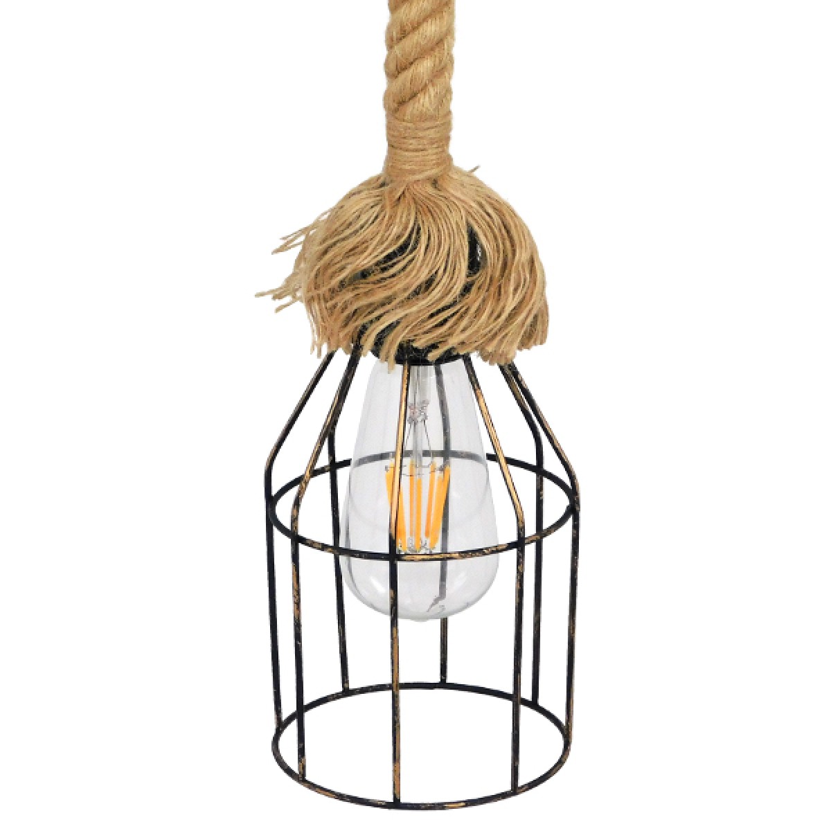 GloboStar® LAICO 01129 Vintage Κρεμαστό Φωτιστικό Πλέγμα Μονόφωτο 1 x E27 IP20 Μπρούτζινο Μέταλλο με Μπεζ Σχοινί - Μ12 x Π12 x Υ100cm