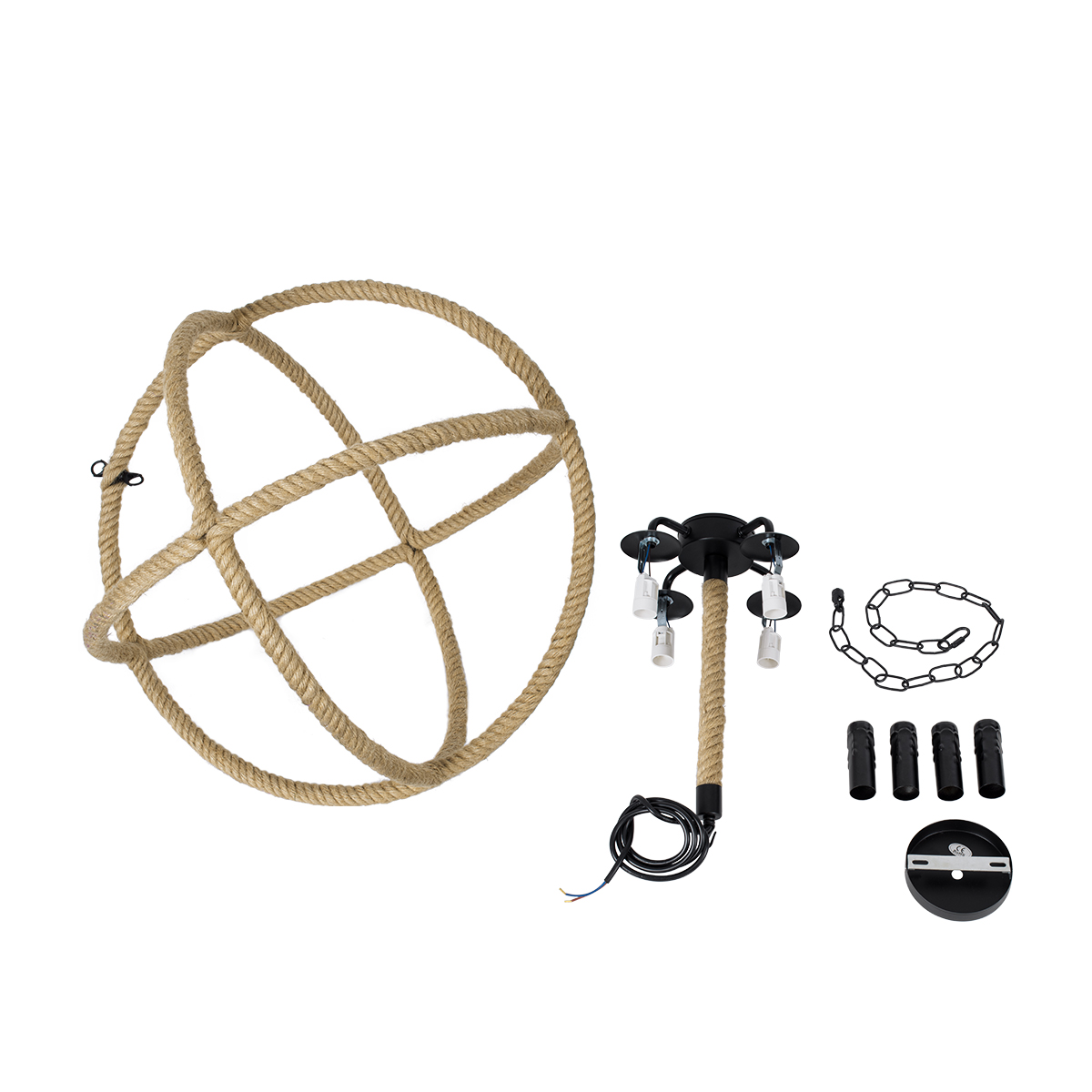 GloboStar® VITRUVIAN 01141 Vintage Κρεμαστό Φωτιστικό Ανάρτηση Πολύφωτο 4 x E14 IP20 Μαύρο Μέταλλο με Μπεζ Σχοινί - Μ53 x Π53 x Υ53cm