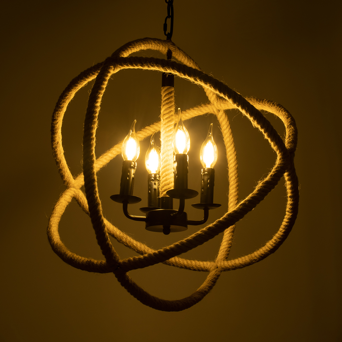 GloboStar® VITRUVIAN 01141 Vintage Κρεμαστό Φωτιστικό Ανάρτηση Πολύφωτο 4 x E14 IP20 Μαύρο Μέταλλο με Μπεζ Σχοινί - Μ53 x Π53 x Υ53cm