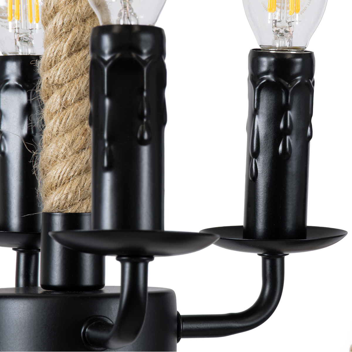 GloboStar® VITRUVIAN 01141 Vintage Κρεμαστό Φωτιστικό Ανάρτηση Πολύφωτο 4 x E14 IP20 Μαύρο Μέταλλο με Μπεζ Σχοινί - Μ53 x Π53 x Υ53cm