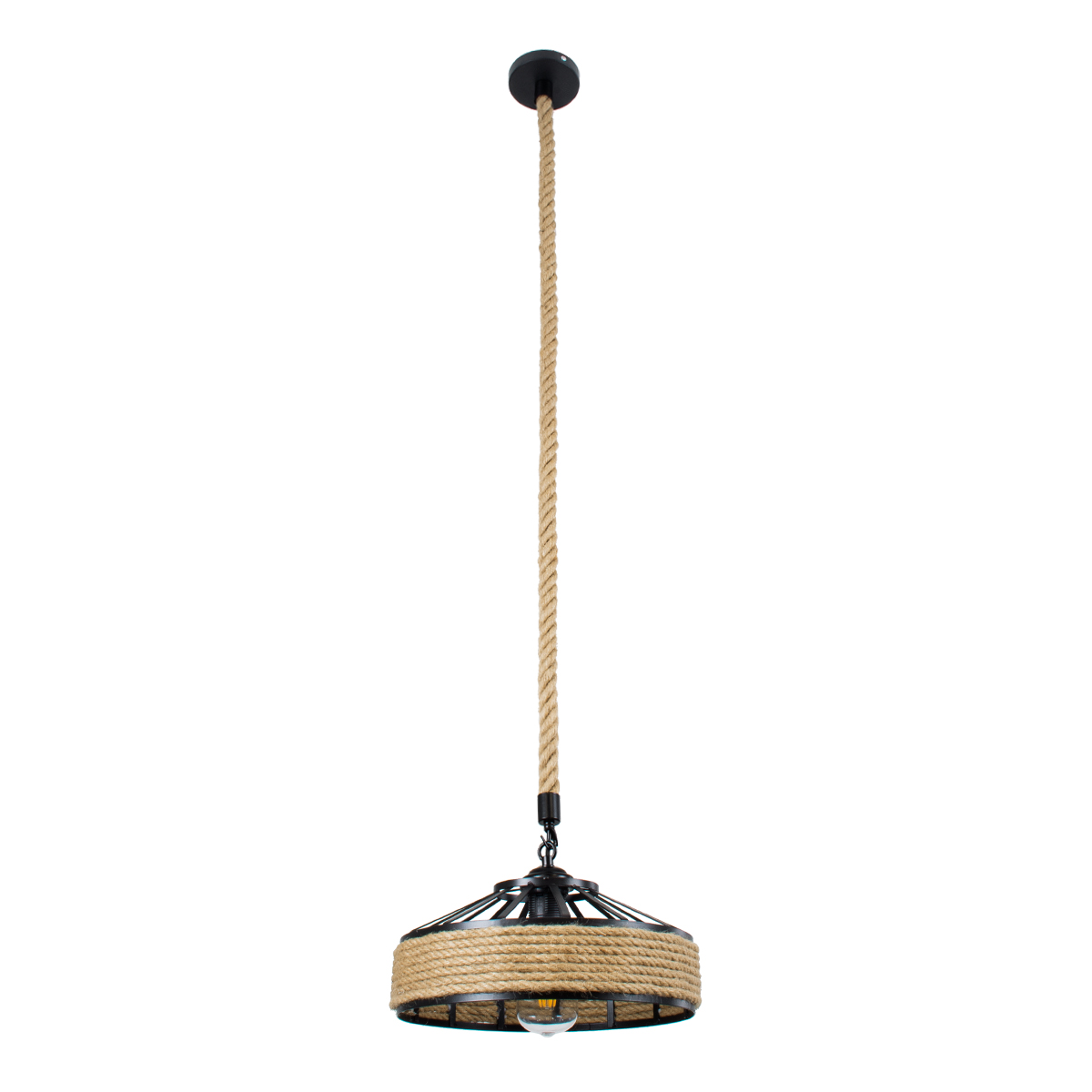 GloboStar® SAHARA 01146 Vintage Κρεμαστό Φωτιστικό Καμπάνα Μονόφωτο 1 x E27 IP20 Μαύρο Μέταλλο με Μπεζ Σχοινί - Μ31 x Π31 x Υ14cm