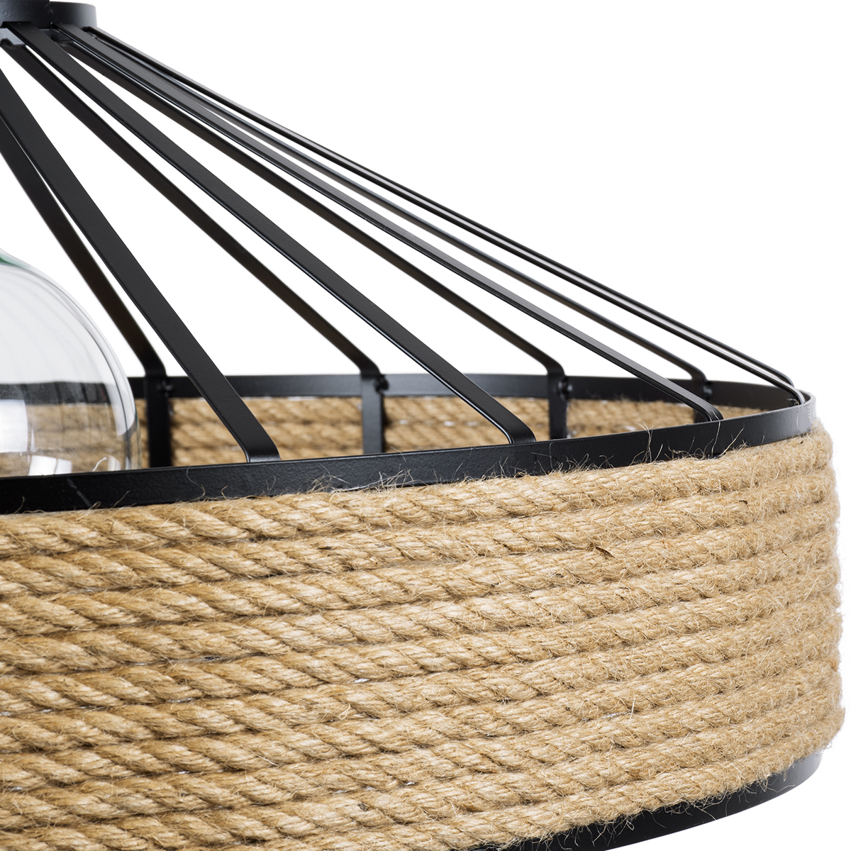 GloboStar® POLI 01147 Vintage Κρεμαστό Φωτιστικό Καμπάνα Μονόφωτο 1 x E27 IP20 Μαύρο Μέταλλο με Μπεζ Σχοινί - Μ40 x Π40 x Υ32cm