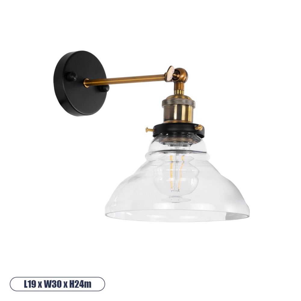GLOBOSTAR® BINGLEY 01159 Vintage Φωτιστικό Τοίχου - Απλίκα με Ντουί 1 x E27 AC 220-240V IP20 - Διάφανο & Χρυσό - Μ19 x Π30 x Υ24cm