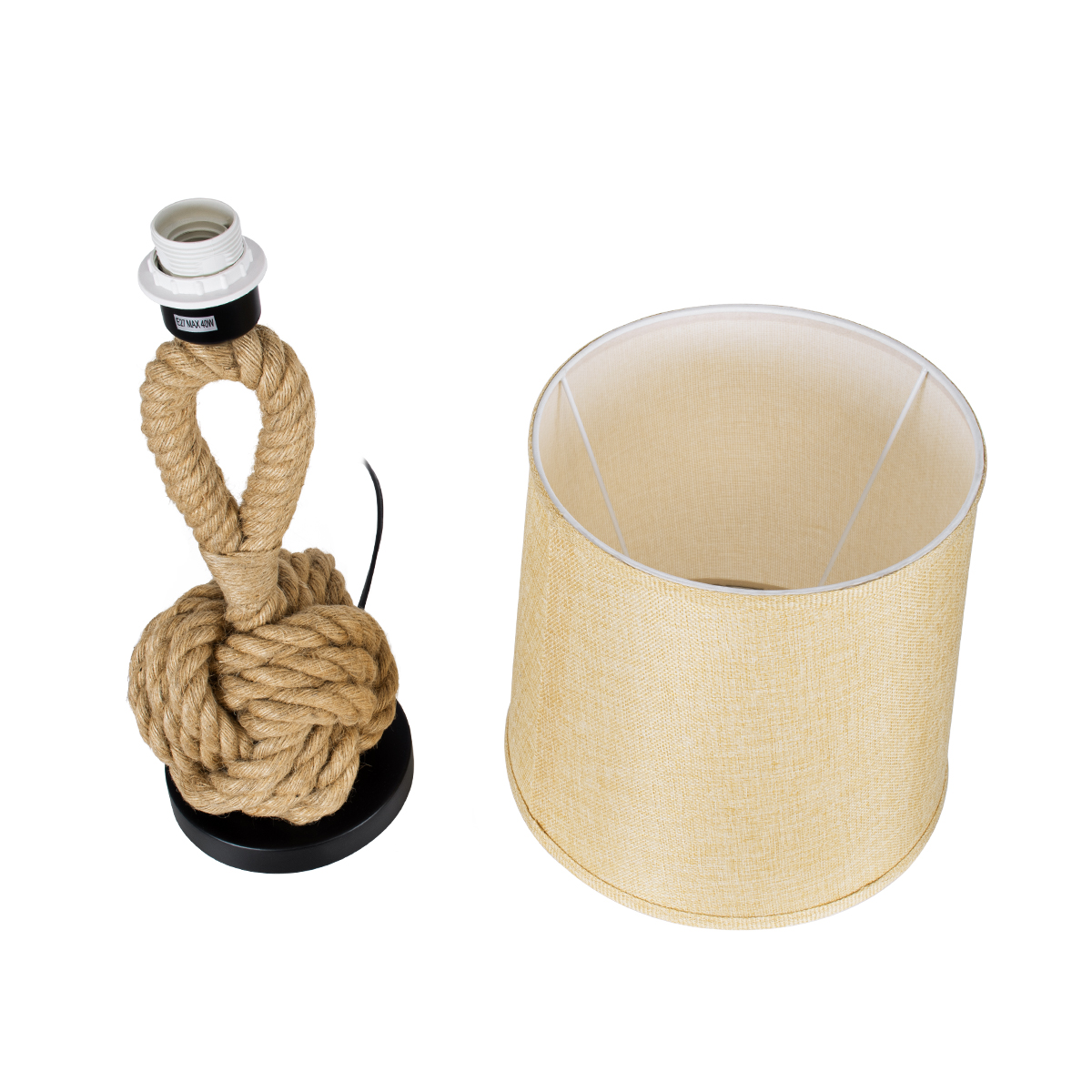 GloboStar® MONKEY FIST 01162 Vintage Επιτραπέζιο Φωτιστικό Πορτατίφ Μονόφωτο 1 x E27 με Μπεζ Σχοινί και Καπέλο Φ27 x Υ58cm