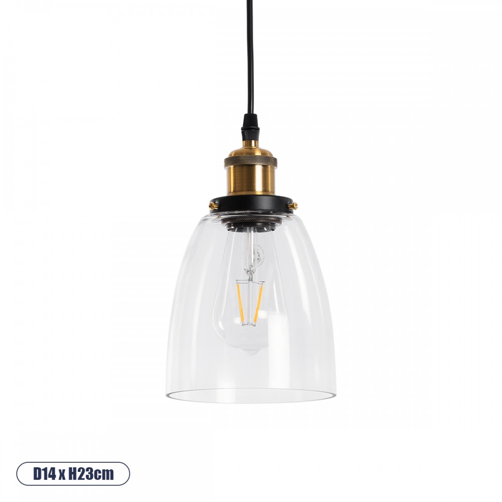 GloboStar® WICKHAM 01168 Vintage Κρεμαστό Φωτιστικό Καμπάνα Μονόφωτο 1 x E27 IP20 Διάφανο Γυαλί με Μαύρο & Χρυσό Μέταλλο - Μ14 x Π14 x Y23cm