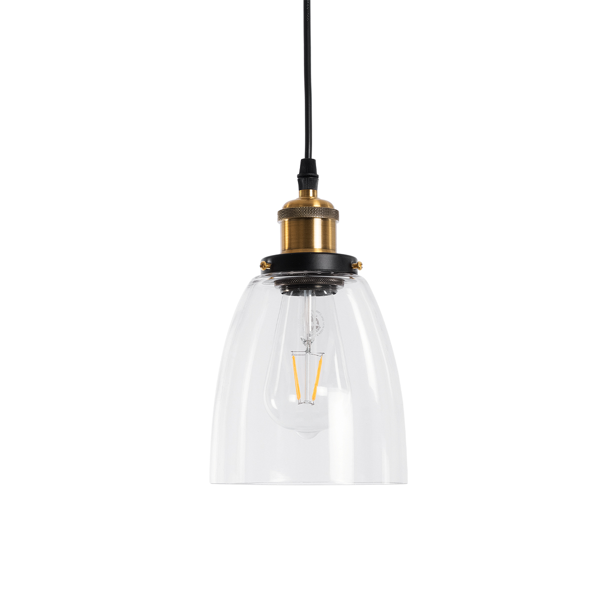 GloboStar® WICKHAM 01168 Vintage Κρεμαστό Φωτιστικό Καμπάνα Μονόφωτο 1 x E27 IP20 Διάφανο Γυαλί με Μαύρο & Χρυσό Μέταλλο - Μ14 x Π14 x Y23cm