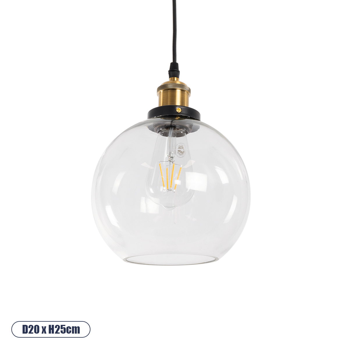 GloboStar® WICKHAM 01170 Vintage Κρεμαστό Φωτιστικό Μπάλα Μονόφωτο 1 x E27 IP20 Διάφανο Γυαλί με Μαύρο & Χρυσό Μέταλλο - Μ20 x Π20 x Y25cm