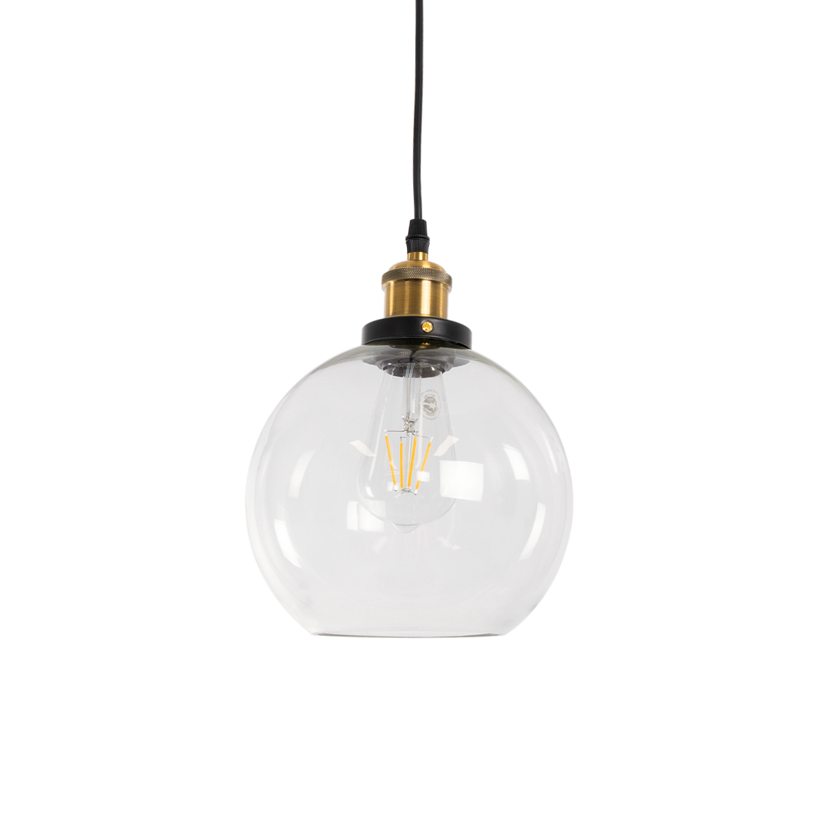 GloboStar® WICKHAM 01170 Vintage Κρεμαστό Φωτιστικό Μπάλα Μονόφωτο 1 x E27 IP20 Διάφανο Γυαλί με Μαύρο & Χρυσό Μέταλλο - Μ20 x Π20 x Y25cm