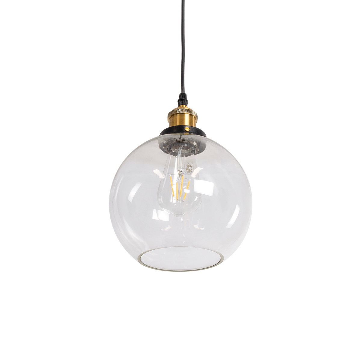 GloboStar® WICKHAM 01170 Vintage Κρεμαστό Φωτιστικό Μπάλα Μονόφωτο 1 x E27 IP20 Διάφανο Γυαλί με Μαύρο & Χρυσό Μέταλλο - Μ20 x Π20 x Y25cm