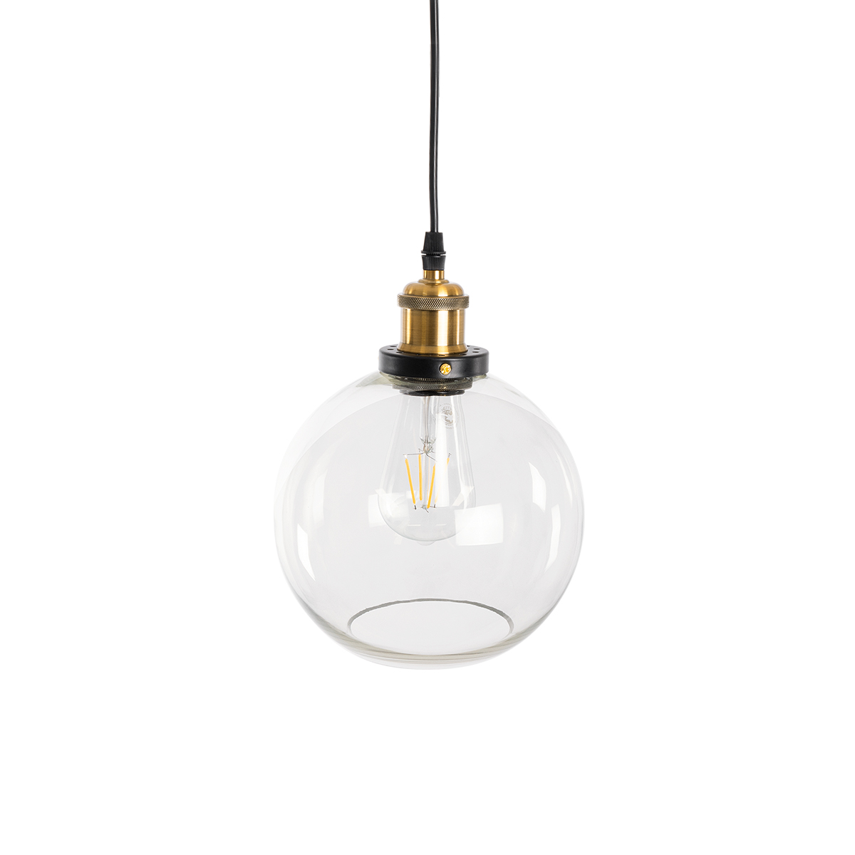 GloboStar® WICKHAM 01170 Vintage Κρεμαστό Φωτιστικό Μπάλα Μονόφωτο 1 x E27 IP20 Διάφανο Γυαλί με Μαύρο & Χρυσό Μέταλλο - Μ20 x Π20 x Y25cm