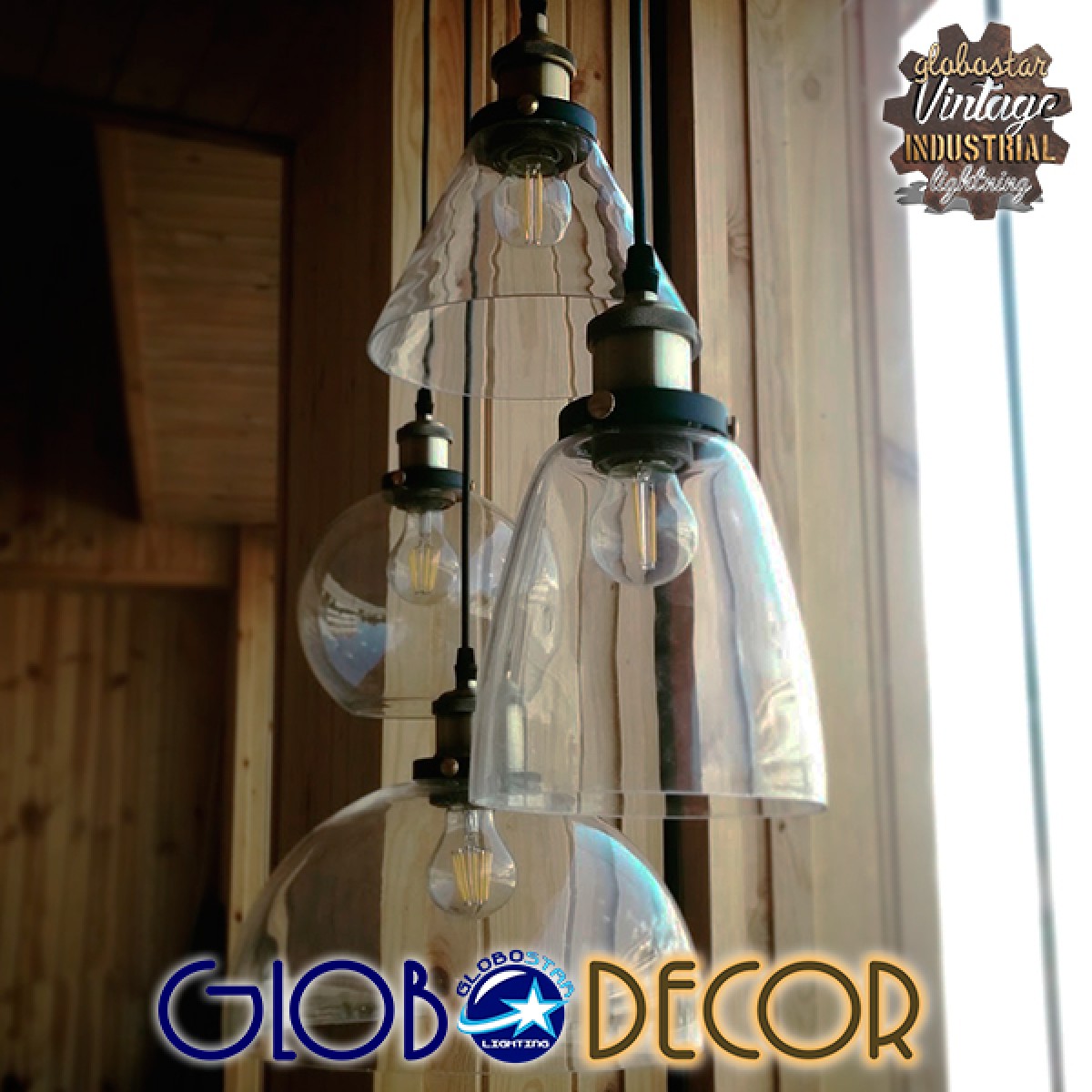 GloboStar® WICKHAM 01171 Vintage Κρεμαστό Φωτιστικό Καμπάνα Μονόφωτο 1 x E27 IP20 Διάφανο Γυαλί με Μαύρο & Χρυσό Μέταλλο - Μ30 x Π30 x Y25cm