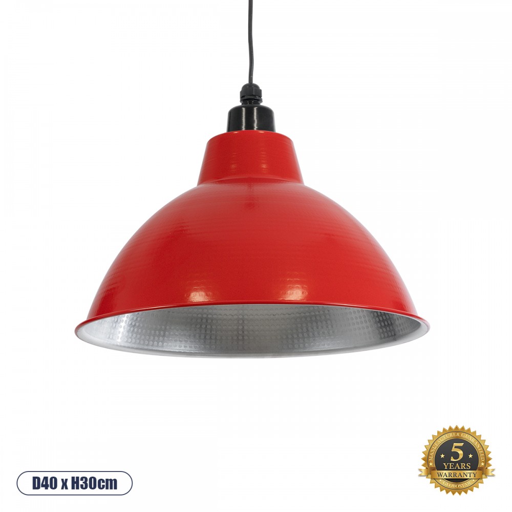 GloboStar® LOUVE 01177 Vintage Κρεμαστό Φωτιστικό Καμπάνα Μονόφωτο 1 x E27 IP20 Κόκκινο, Ασημί & Μαύρο Μέταλλο - Μ40 x Π40 x Y30cm
